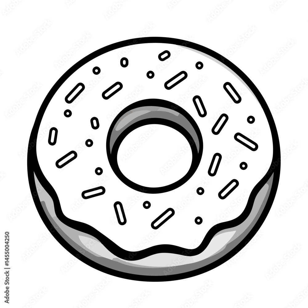 Poster minimalist donut icon designed with a single continuous line featuring frosting and sprinkles suitab
