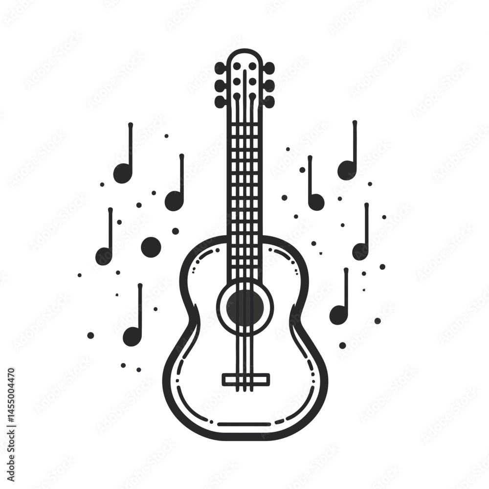Poster guitar icon designed in minimalist style with tech-inspired lines and musical notes surrounding it