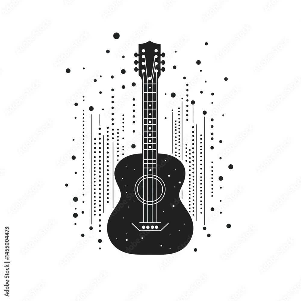 Poster minimalist tech-inspired line art of a guitar with abstract sound waves in a sleek design