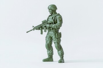 A detailed green plastic soldier figure stands confidently with a rifle in hand. The soldier is depicted in a ready stance, showcasing tactical gear and features.