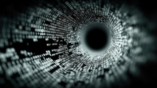 Digital tunnel of binary code flowing towards a black void.  Abstract, dynamic image of data stream