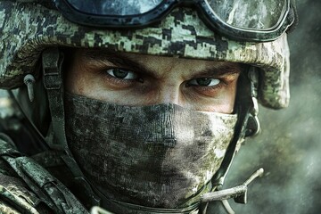 A soldier is depicted wearing a camouflage helmet and tactical gear, with a mask covering his lower face. His intense gaze conveys focus and readiness for action in a battle setting.