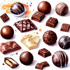 Watercolor illustration of chocolate truffle assortiment for dessert.
