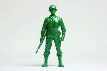 A detailed green plastic soldier toy stands confidently with a rifle in hand, showcasing classic military attire. The figure is posed against a neutral background, creating a bold focal point.