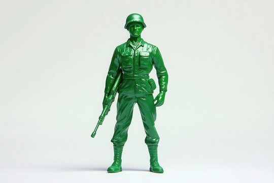 A detailed green plastic soldier toy stands confidently with a rifle in hand, showcasing classic military attire. The figure is posed against a neutral background, creating a bold focal point. - Powered by Adobe