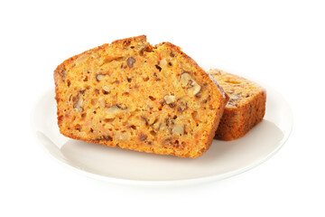 Cut homemade carrot cake with nuts isolated on white