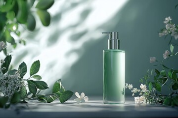 A serene display features a green skincare bottle amidst vibrant green leaves and white flowers. Soft light creates a calming atmosphere, highlighting the products design and surrounding nature.