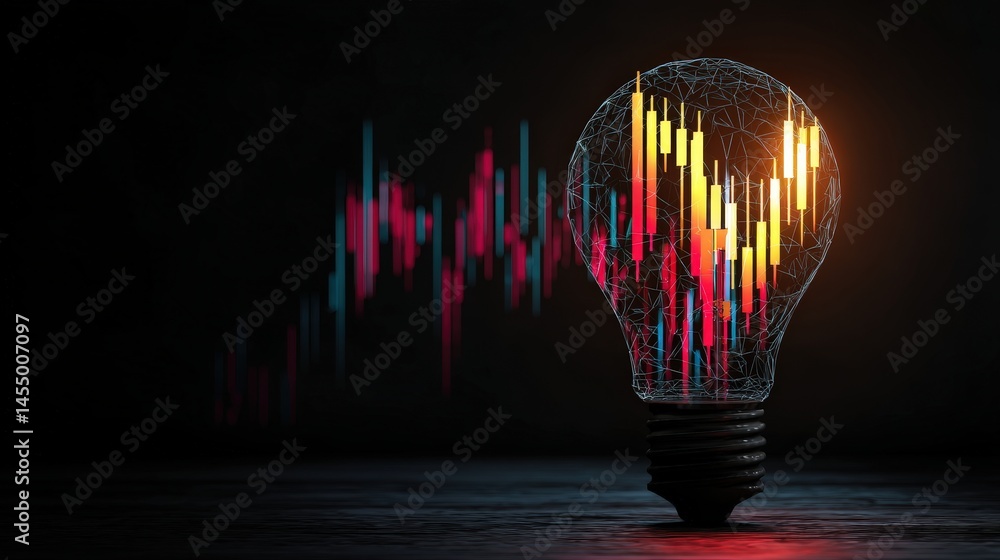 Poster colorful light bulb with financial graph elements displaying data trends