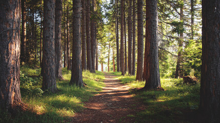 Fototapeta premium A dirt path winds through a dense forest with tall trees and green grass below them