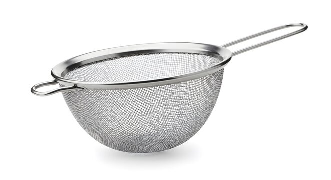 Stainless steel fine mesh sieve or strainer with a long handle, isolated on a clean white background.