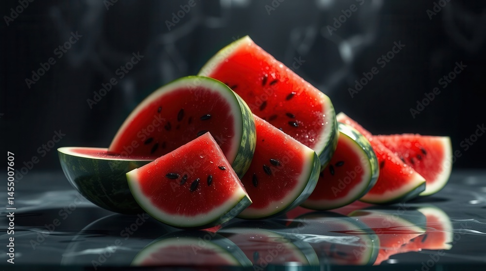 Poster slices of refreshing watermelon are arranged on a glossy surface, creating a striking contrast again