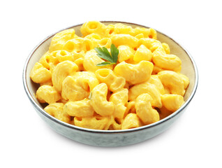 Delicious pasta with cheese sauce in bowl isolated on white