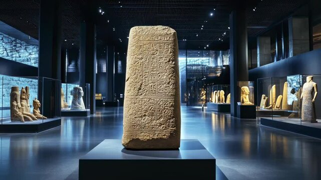 ancient stone tablet displaying hieroglyphics in an art museum