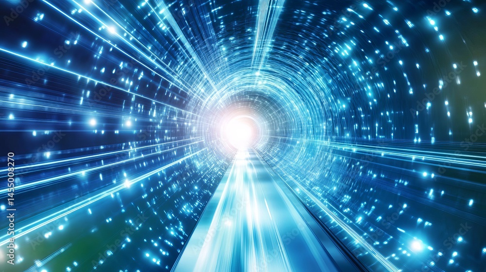 Poster abstract blue digital tunnel light speed data flow technology way path lines cyber space future