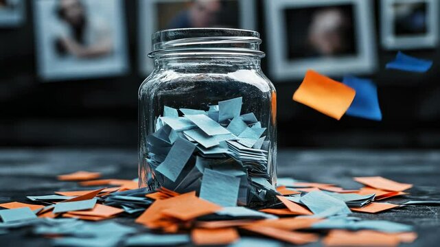 colorful notes in a glass jar surrounded by scattered paper scraps
