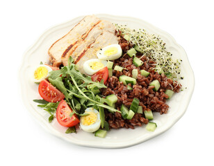 Delicious salad with brown rice isolated on white