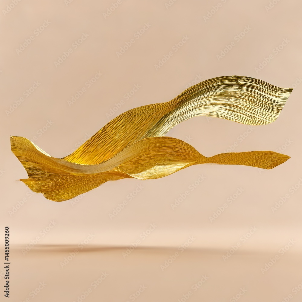 Poster conceptual art piece of a bold gold foil stroke suspended in space with textured depth on soft beige