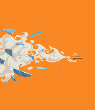 Bullet breaks through glass. Comic book art cartoon vector illustration. 