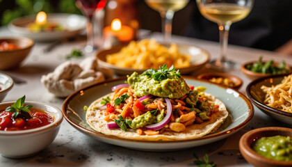 Gourmet taco centerpiece with guacamole and salsas, culinary delight