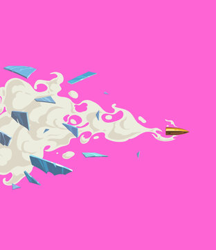 Bullet breaks through glass. Comic book art cartoon vector illustration. 