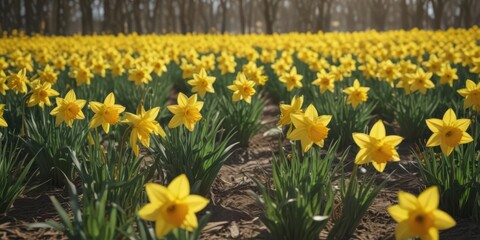 Fototapeta premium Sunlit field of vibrant yellow daffodils blooming in spring , sunny, springtime, field of flowers