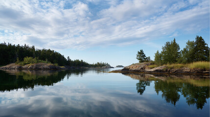 Obraz premium Serene lake view with islands and reflections under a cloudy blue sky during day