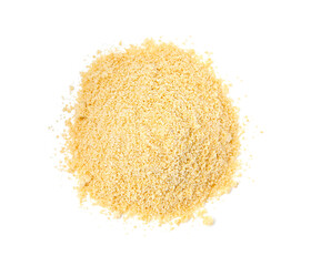 Superfood product. Pile of sesame seeds powder isolated on white, top view