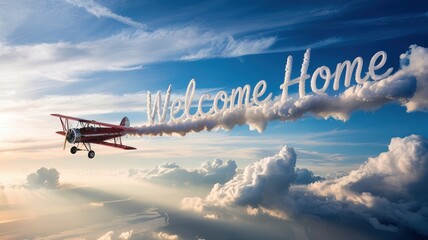 Red Vintage Biplane Writing ?Welcome? in Clouds at Golden Hour