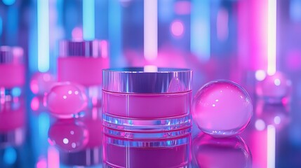 Pink cosmetic jars on a reflective surface, bathed in vibrant neon lights