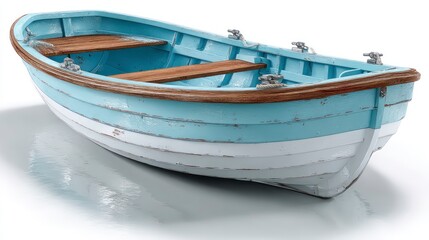 Fototapeta premium Vintage Wooden Rowboat with Blue and White Paint Weathered Look Ideal for Nautical Themes