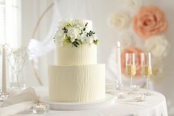 Delicious wedding cake with floral decor and glasses of champagne on table indoors