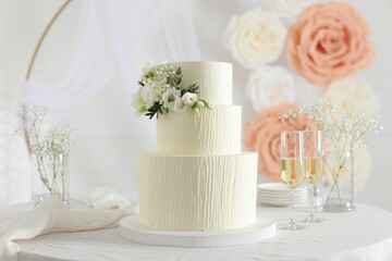 Delicious wedding cake with floral decor and glasses of champagne on table indoors