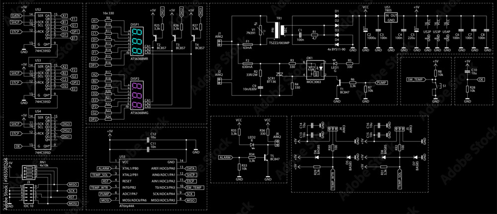 Poster schematic diagram of electronic device. vector drawing electrical circuit with lcd display, controll