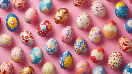 Vibrant Colorful Decorative Easter Eggs on Pink Background