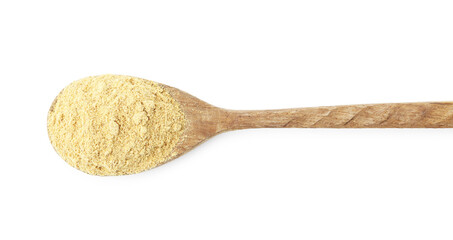 Superfood. Mustard powder in spoon isolated on white, top view