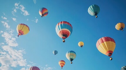 Fototapeta premium Colorful hot - air balloons floating in the sky over a landscape with people and vehicles