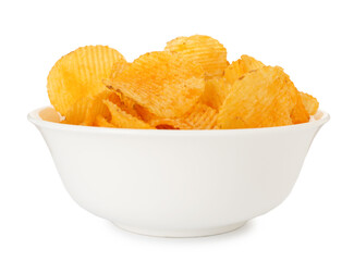 Tasty ridged chips in bowl isolated on white