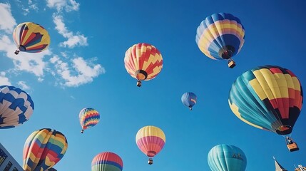 Fototapeta premium Colorful hot - air balloons floating in the sky over a landscape with people and vehicles