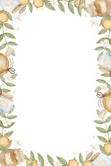 Watercolor frame honey jars, honeycomb in chamomile flowers, green leaves. Hand drawn illustration on isolated background, retro style for invitation design templates, cards, product, food, copy space