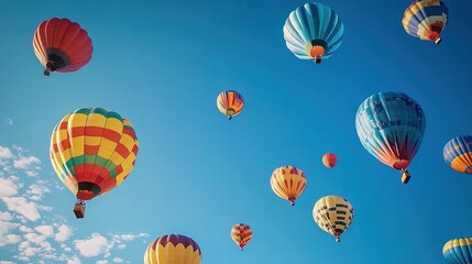 Fototapeta premium Colorful hot - air balloons floating in the sky over a landscape with people and vehicles