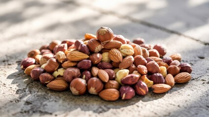 Pile of almonds and hazelnuts on cracked, weathered grey concrete surface