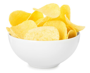 Tasty potato chips in bowl isolated on white
