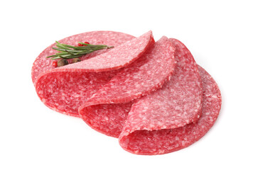 Slices of tasty smoked sausage with spices isolated on white