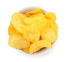 Tasty potato chips in bowl isolated on white, top view