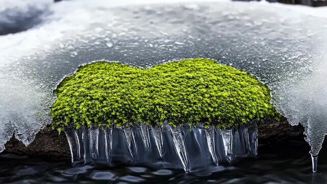 Vibrant moss emerging from ice and snow in a tranquil winter scene