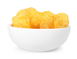 Tasty potato chips in bowl isolated on white