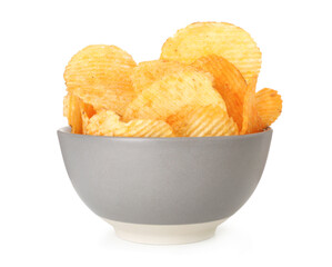 Tasty potato chips in bowl isolated on white