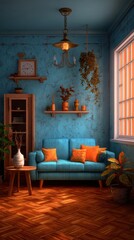 Cozy living room with blue textured walls, sofa, orange pillows, and sunlight streaming through window