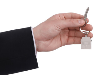 Real estate agent with house key on white background, closeup