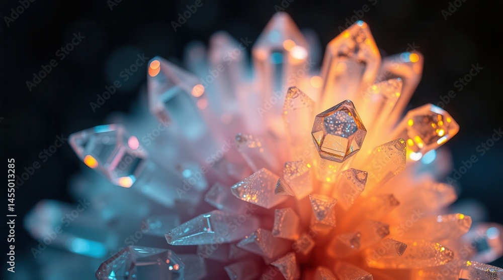 Poster cluster of crystalline structures exhibiting a gradient of vibrant hues. geometric forms catch the l